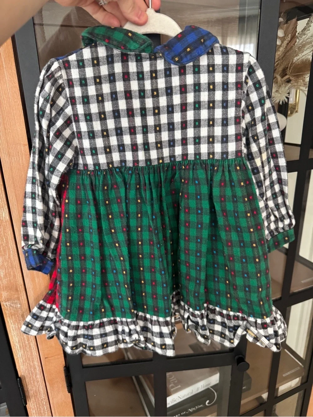 Vintage 90s gingham plaid patchwork applique flower long sleeve dress collar